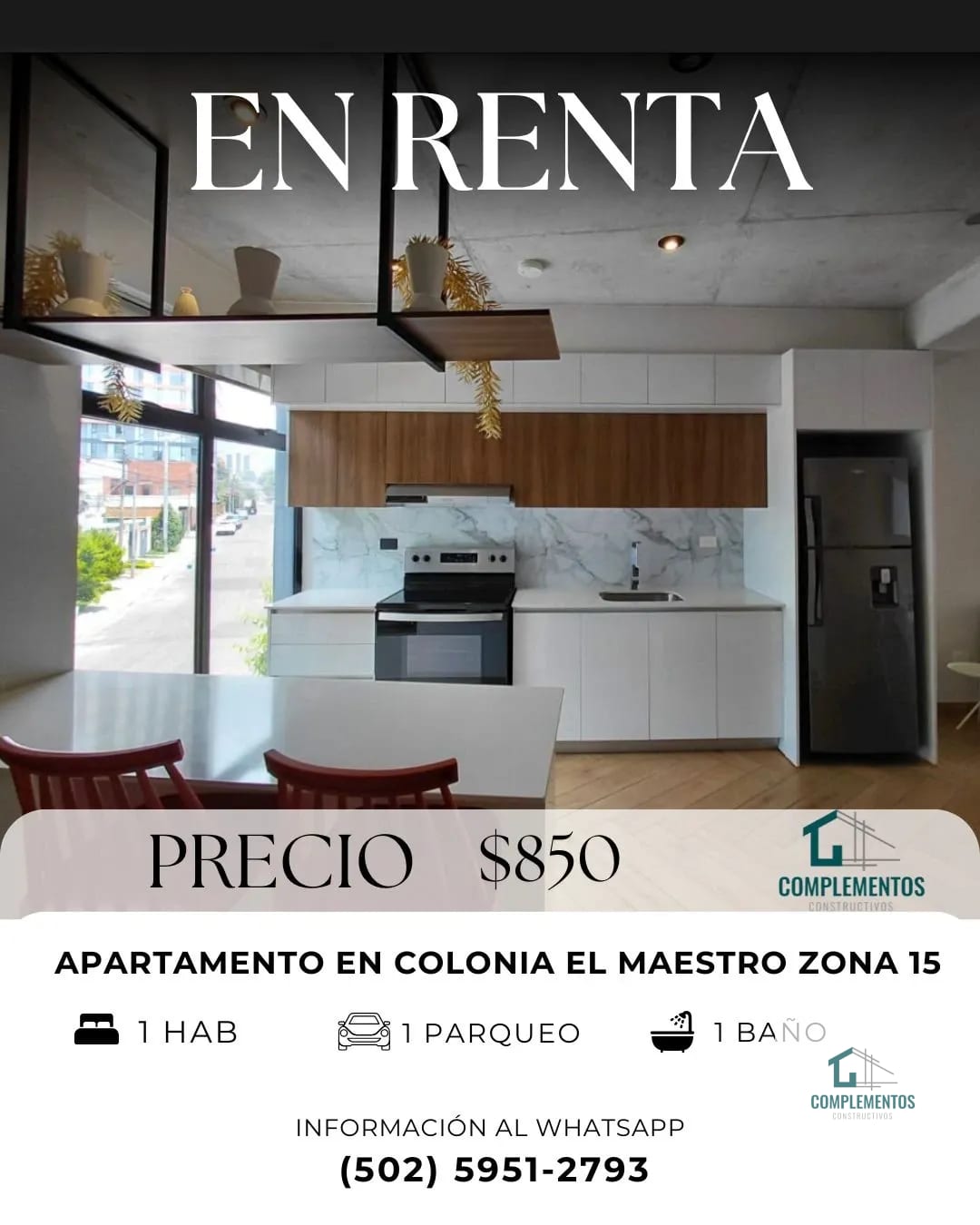 1/4, Apartamento en Renta zona 15 VH ll, 1hab. 50M2 — Apartamento en Alquiler en Colonia El Maestro, Zona 15, Guatemala, Ciudad — foto 1 de 7