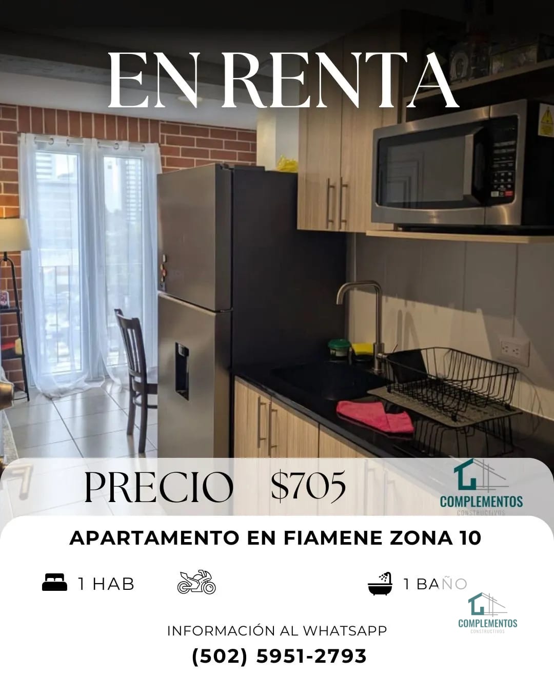 Fiamene, Apartamento en renta Zona 10, 1hab. 32 m2 + balcón — Apartamento en Alquiler en Fiamene, Zona 10, Guatemala, Ciudad — foto 1 de 8
