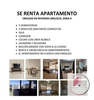 SE RENTA APARTAMENTO AMUEBLADO UBICADO EN EDIFICIO REFORMA OBELISCO ZONA 9 — Apartamento en Alquiler en Reforma Obelisco, Zona 9, Guatemala, Ciudad — miniatura 1 de 6