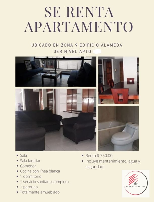 SE RENTA APARTAMENTO AMUEBLADO EN ZONA 9 EN EDIFICIO ALAMEDA - 1